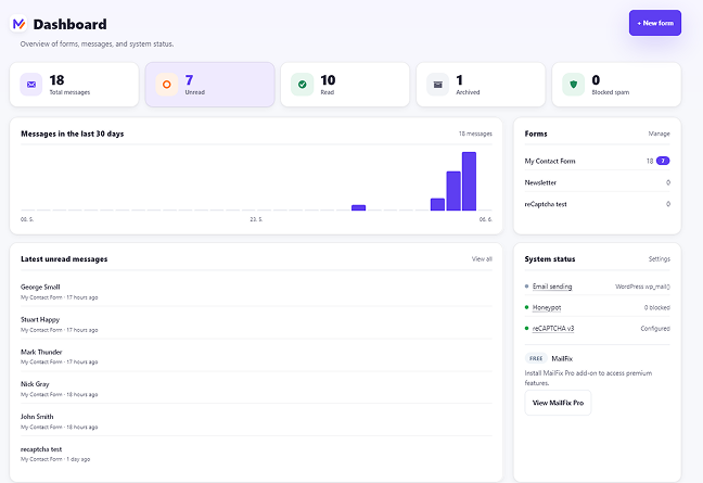 Mailfix: dashboard s přehledem zpráv